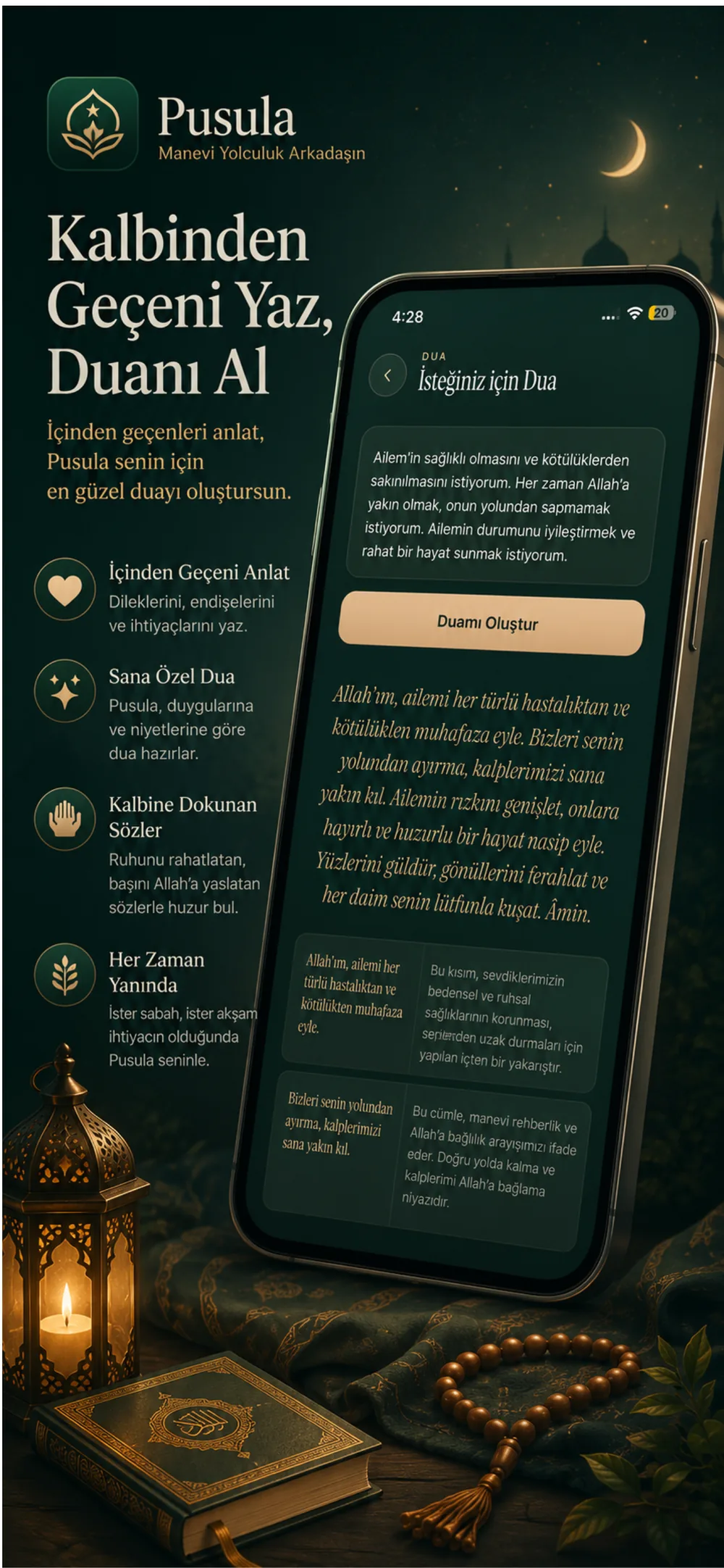 Dua generator screen in Pusula