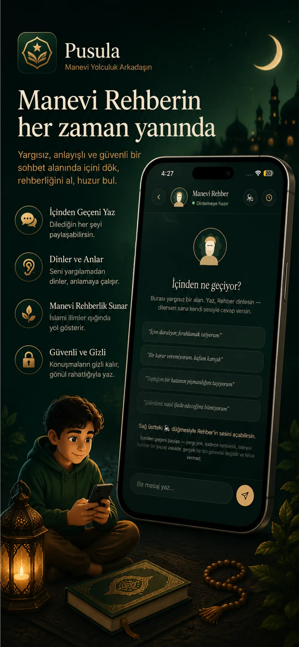 Manevi Rehber chat screen in Pusula